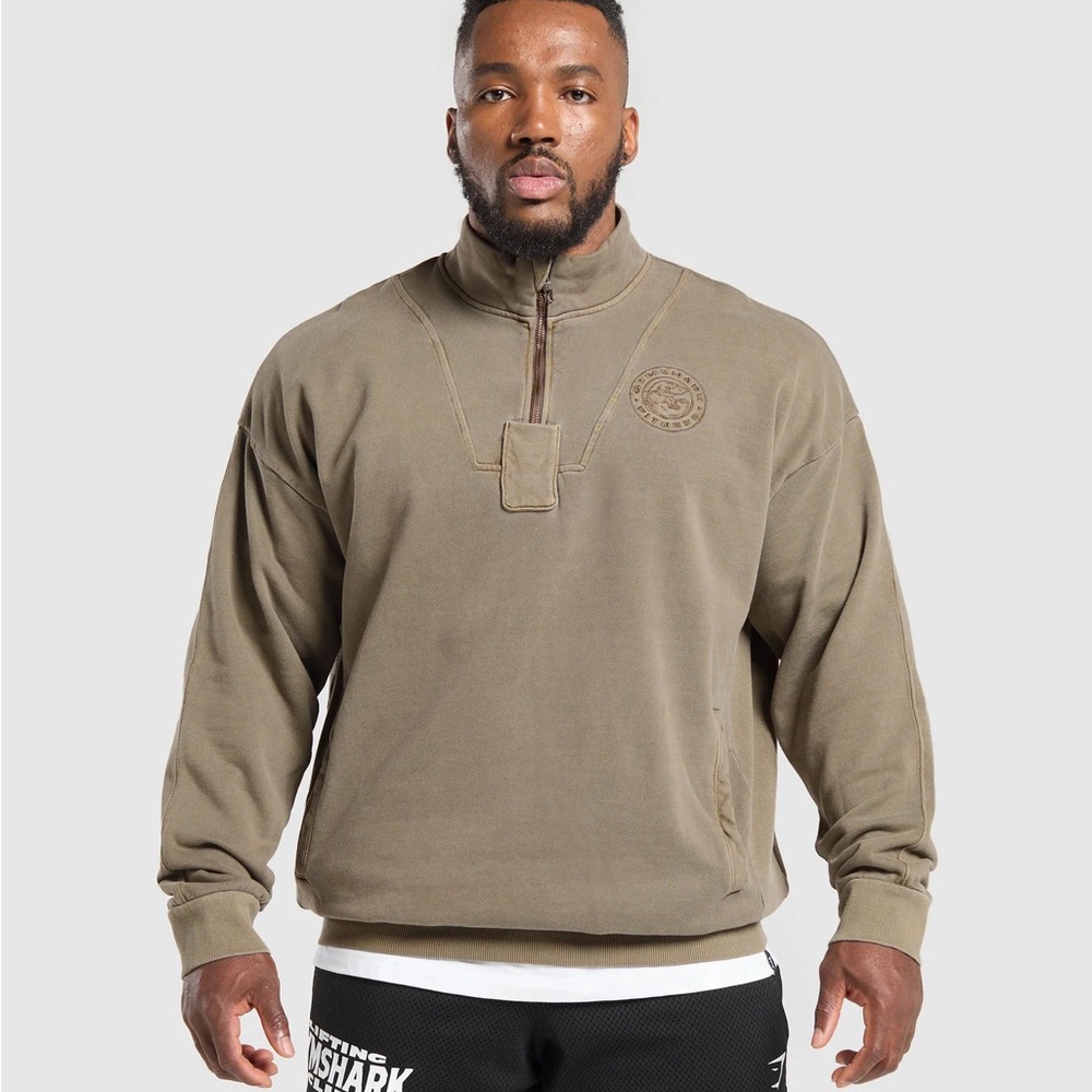 Mens Gymshark Premium Legacy Oversized Quarter Zip Sweater Camo Brown Size Large